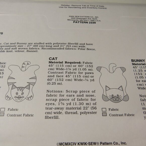 Kwik Sew 2339 Sewing Pattern NEW UNOPENED Pet Pillow Cat, Bunny Rabbit, Tiger - Picture 5 of 6